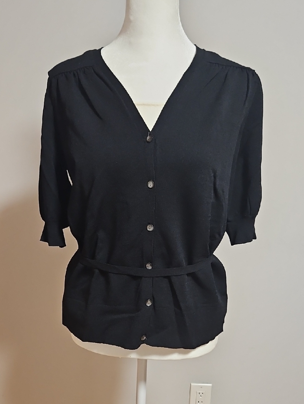 Anne Klein Black Button-Front V-Neck Top with Self Tie